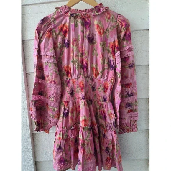 NWT LoveShackFancy Clarkie Mini Dress XS Pink Floral 100% Cotton Ruffle Smocked - Picture 9 of 11